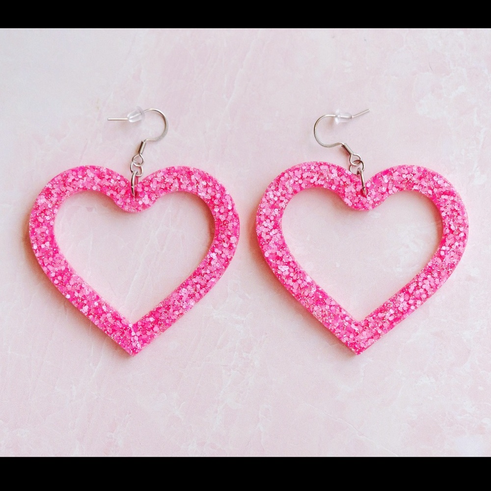 Large Pink Glitter Open Heart Dangle Earrings